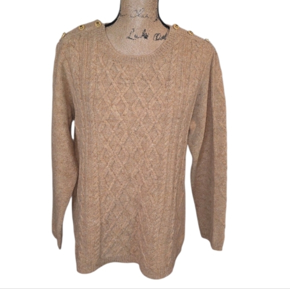 Appleseed's 100% Wool Women's Cable Knit Sweater Classic Herringbone Tan Sz Larg